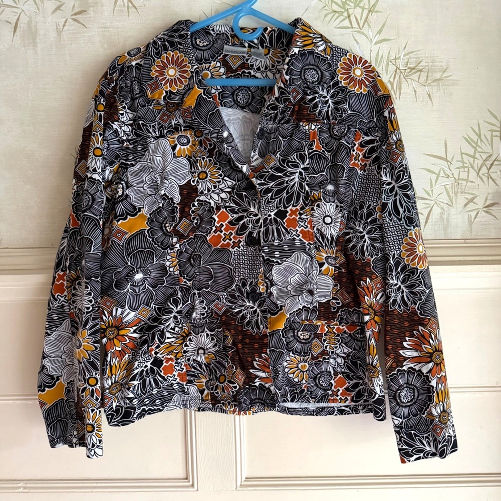 Chico's Floral Lightweight Stretch Jacket Multicolor Cotton Blouse Size 3 / XL